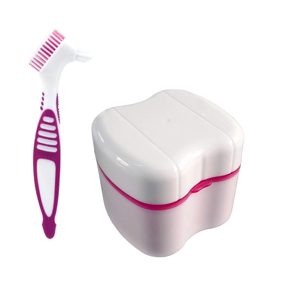 Denture Case and Brush Kit, Denture Bath Box False Teeth Container with Strainer, Dental Retainer Storage Box [Pink]