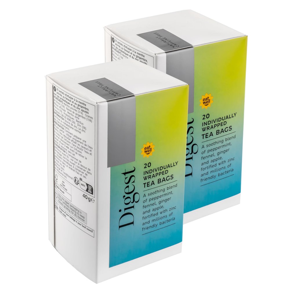 40 x Premium Digest Peppermint, Fennel, Ginger, Apple, Zinc Herbal Teabags with Added Live Bacteria Cultures, 40 Bags (2 x 20pk), Vegan