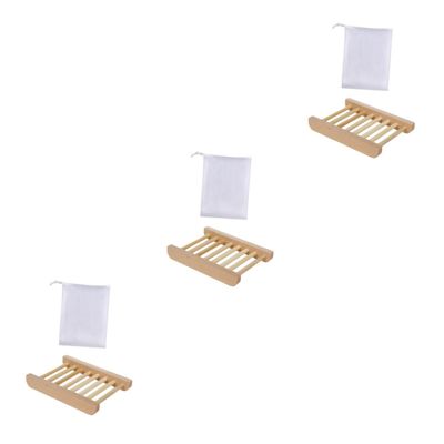 Ciieeo 3 Sets Wooden Soap Rack Bubble Making Nets Drainable Soap Dish Holder for Bathroom Accessories