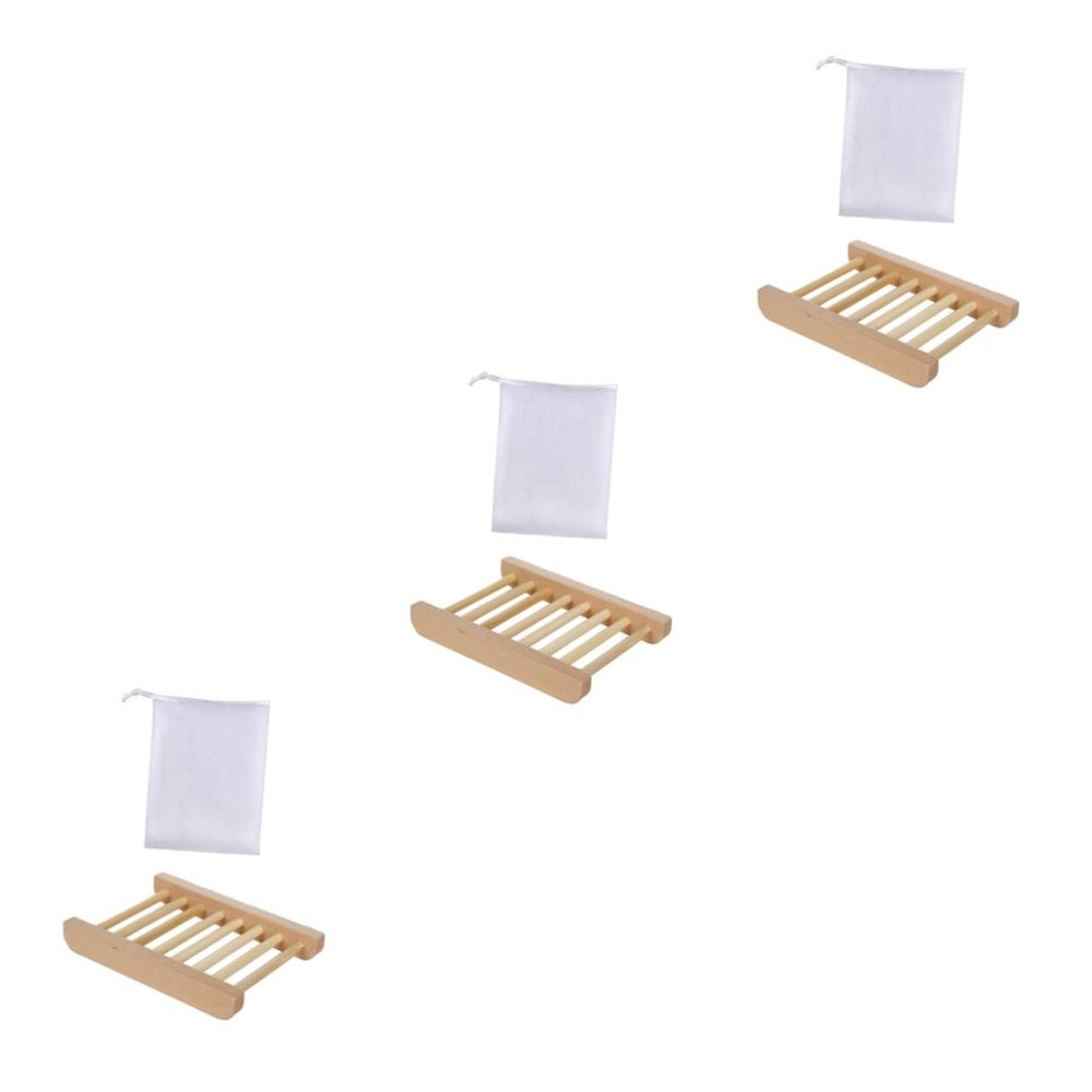 Ciieeo 3 Sets Wooden Soap Rack Bubble Making Nets Drainable Soap Dish Holder for Bathroom Accessories