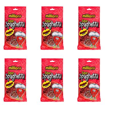Million Sour Spaghetti 180g x Pack of 6 - Strawberry - Enjoy These Chewy Million Sweets For a Delicious Sweet Treat - Flavour: Bubblegum