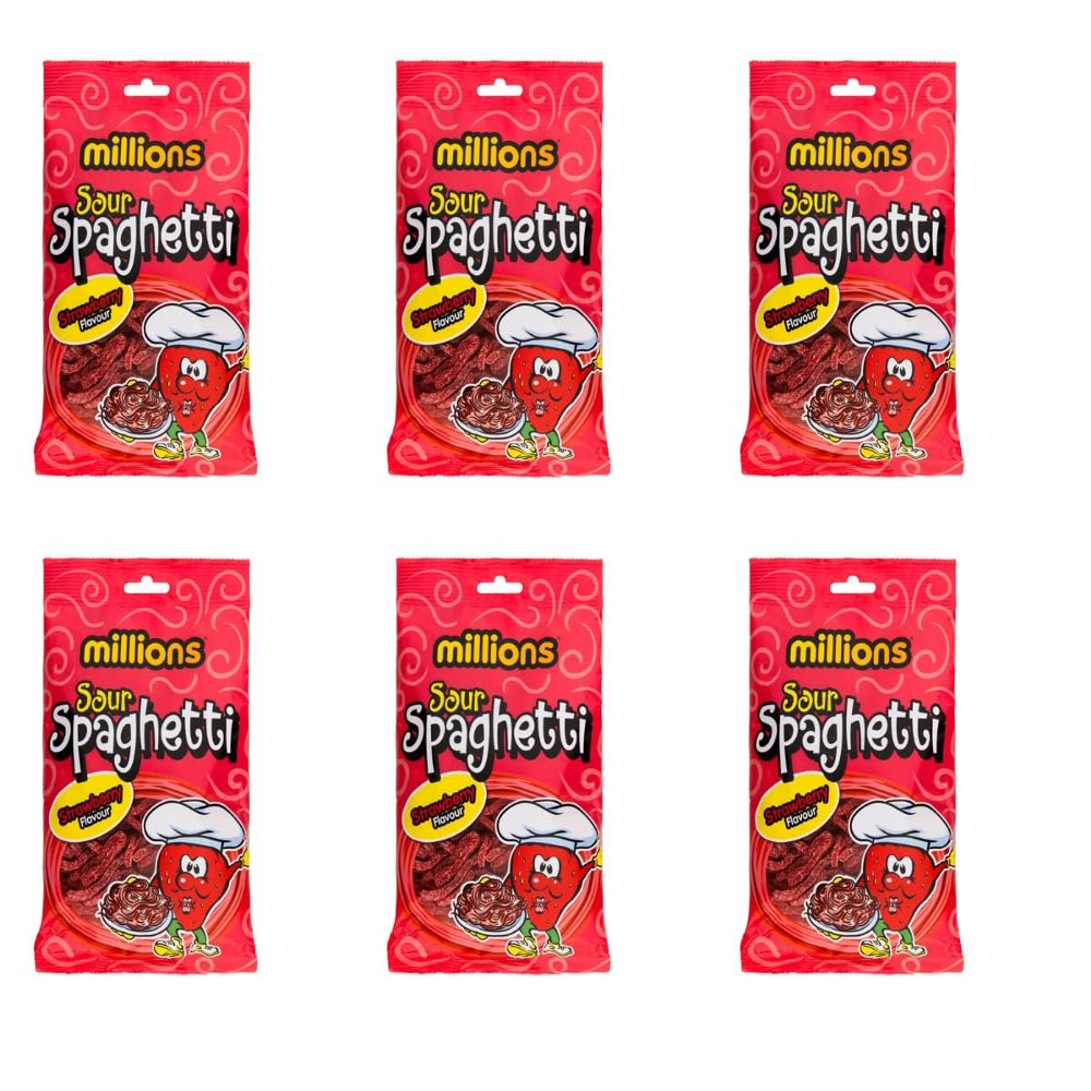 Million Sour Spaghetti 180g x Pack of 6 - Strawberry - Enjoy These Chewy Million Sweets For a Delicious Sweet Treat - Flavour: Bubblegum