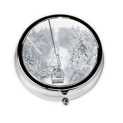 Froon Round Pill Organizer Winter Old Cable Ski Lift Mini Metal Medicine Box for Travel Convenient and Stylish Pill Storage Solution