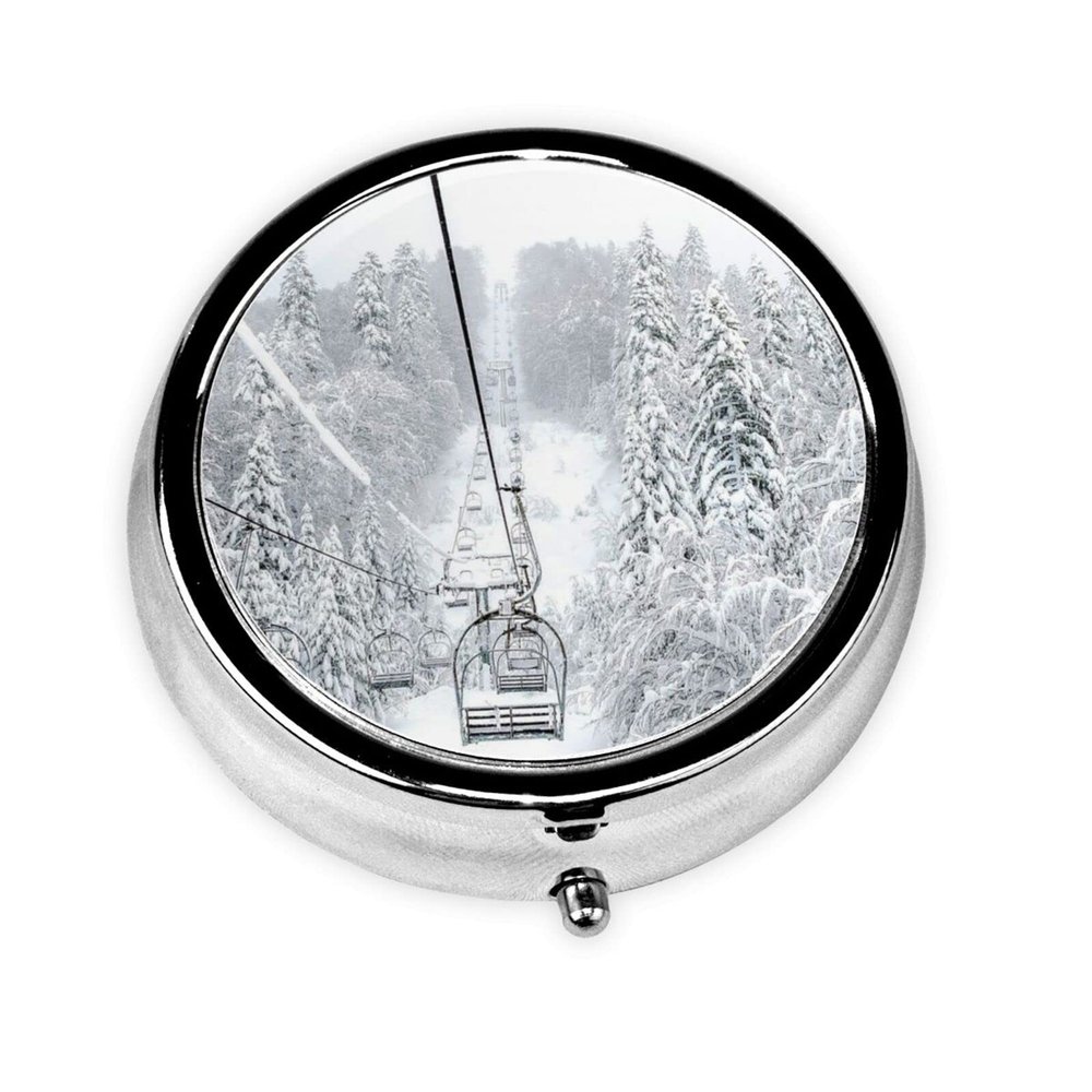 Froon Round Pill Organizer Winter Old Cable Ski Lift Mini Metal Medicine Box for Travel Convenient and Stylish Pill Storage Solution