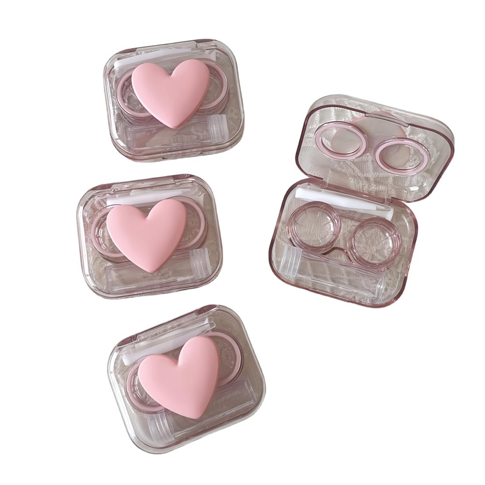 BEDARTIST 4 Pack 3D Design Cute Contact Lens Cases, Travel Eye Contacts Case Box Holder, Contact Lenses Tweezers Remover Tool Solution Bottle Kit for Daily Outdoor (3D Hearts, Pink)