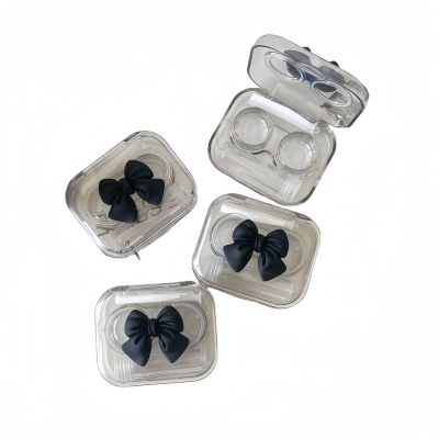 BEDARTIST 2 Pack 3D Design Cute Contact Lens Cases, Travel Eye Contacts Case Box Holder, Contact Lenses Tweezers Remover Tool Solution Bottle Kit for Daily Outdoor (3D Bow, Black)