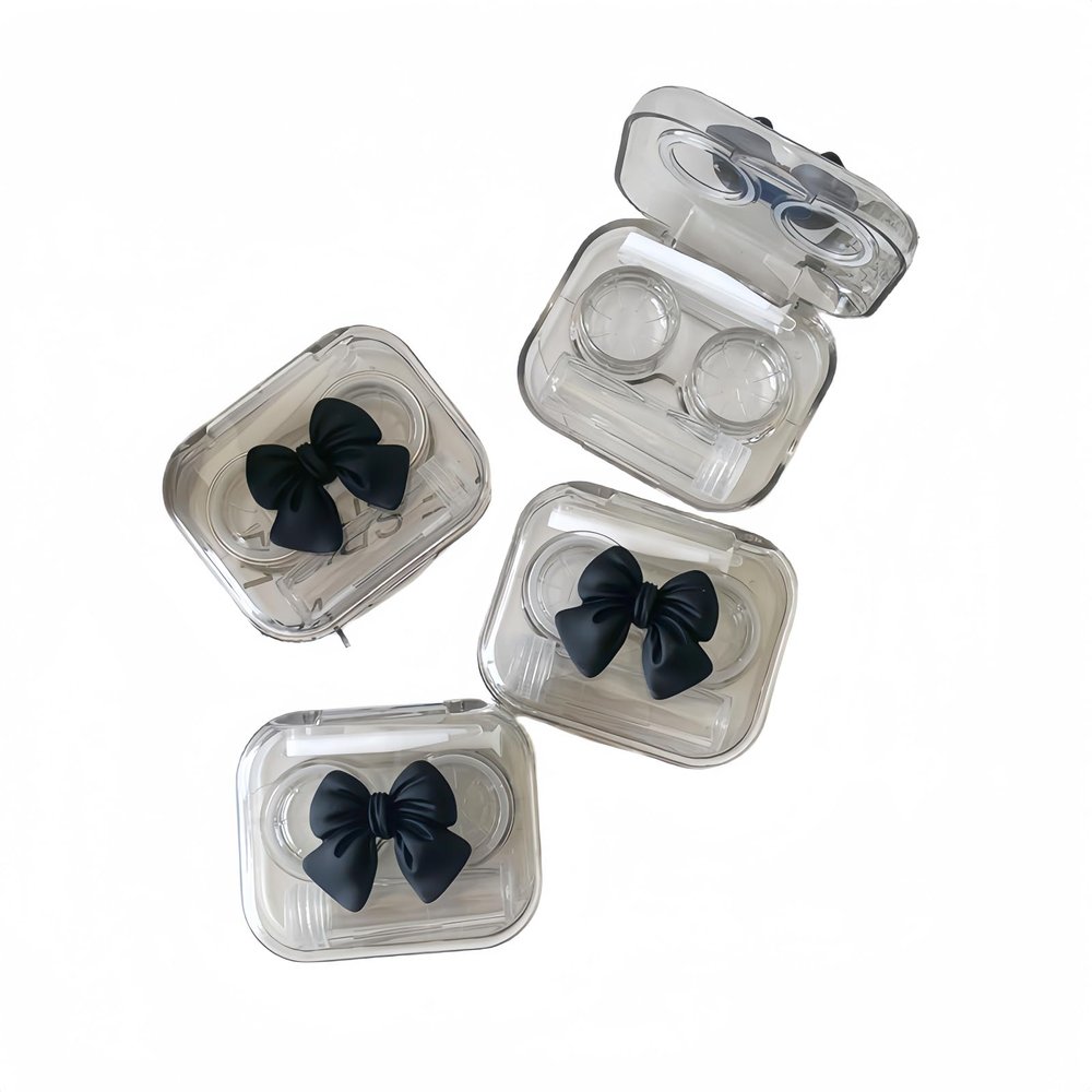 BEDARTIST 2 Pack 3D Design Cute Contact Lens Cases, Travel Eye Contacts Case Box Holder, Contact Lenses Tweezers Remover Tool Solution Bottle Kit for Daily Outdoor (3D Bow, Black)
