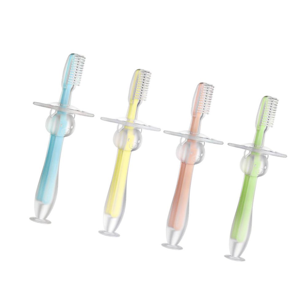 Didiseaon 4pcs Silicone Teether Toothbrush Safe Standing Suction Design for Boy Girl Includes Blue Pink Green Yellow Gentle Gum Relief and Easy Grip Tapered Handle