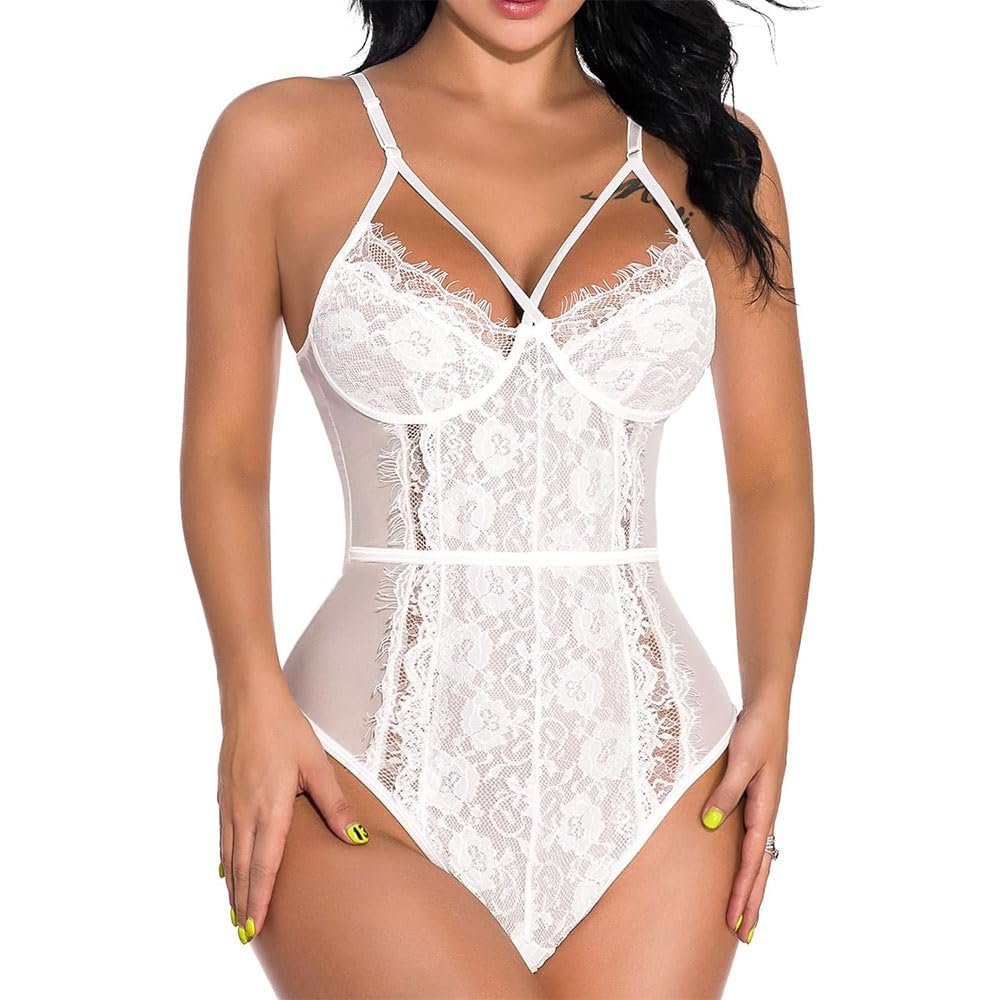 QIUXWJSX Women's Bodysuit Eyelash Lingerie Lace Crotchless Sexy Teddy Underwear lace/E/L