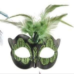 Power Escorts Luxury Venetian Mask Green WIth Big Feather
