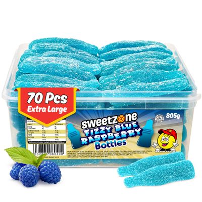 Sweetzone Fizzy Giant Blue Raspberry Bottles, 805g Tub with 70pcs of Sour Sweets Candy, Halal Chewy Gummy in a Bulk Retro Sweets Tub, Fruity Flavour and Fizzy Kick, Perfect for Sharing and Party Bags