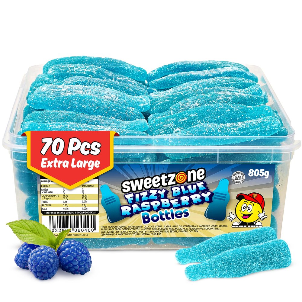 Sweetzone Fizzy Giant Blue Raspberry Bottles, 805g Tub with 70pcs of Sour Sweets Candy, Halal Chewy Gummy in a Bulk Retro Sweets Tub, Fruity Flavour and Fizzy Kick, Perfect for Sharing and Party Bags