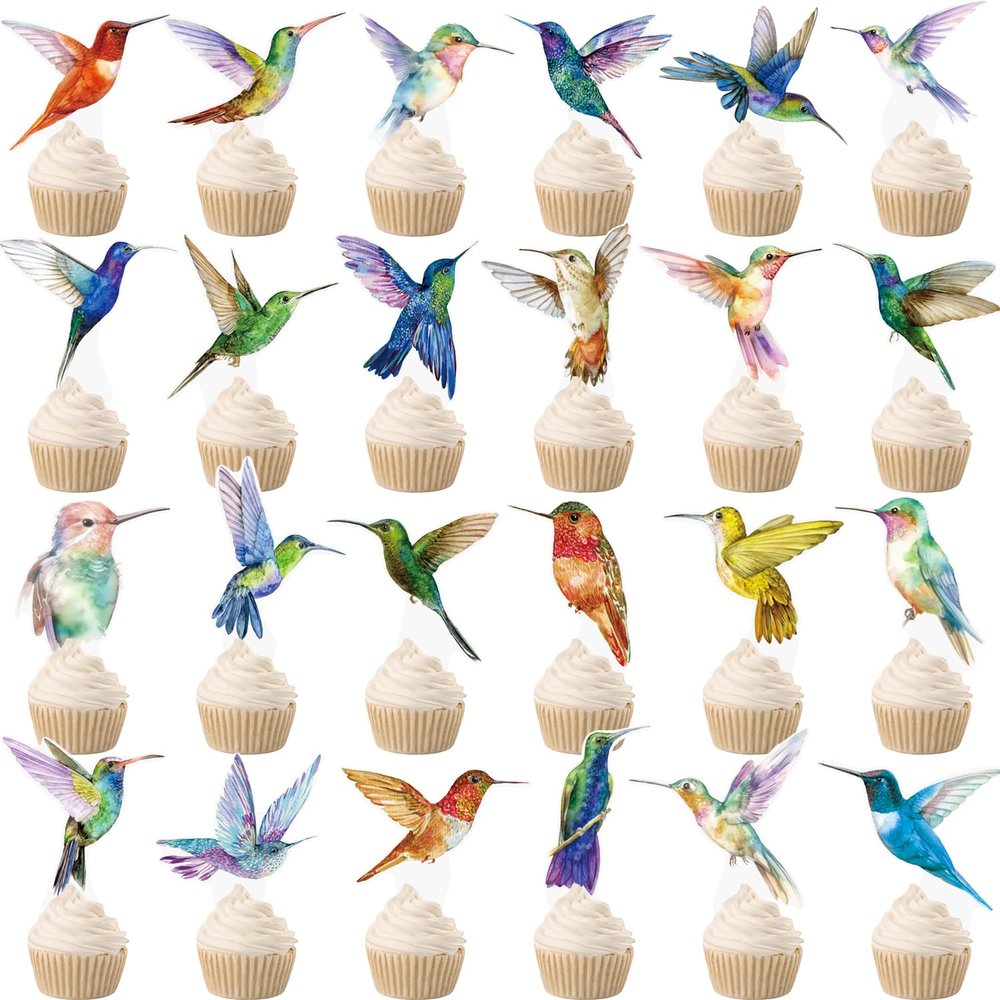 CANDY CHEF Hummingbird Cupcake Toppers, 48pcs/24 styles, Paper, for Birthday, Baby Shower, Spring Birds Party Decorations