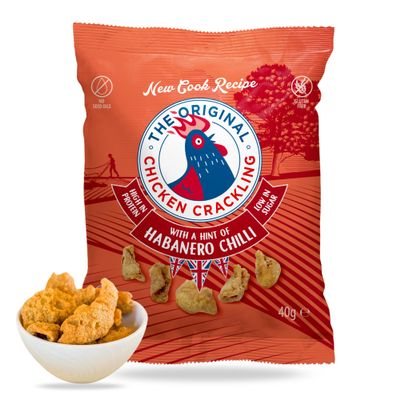 Chicken Crackling Hand Cooked Snack. NEW Double Cooked Recipe, Hint of Habanero Chilli Flavour. Low Carb, High Protein, Keto, Gluten Free Alternative to Pork Scratchings. 10x 40g Bags