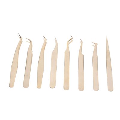 8 Piece Set Pearly Gold Stainless Steel Eyelash Extension Tweezers, Straight & Curved Tip for Precision Beauty Eyelash Tools