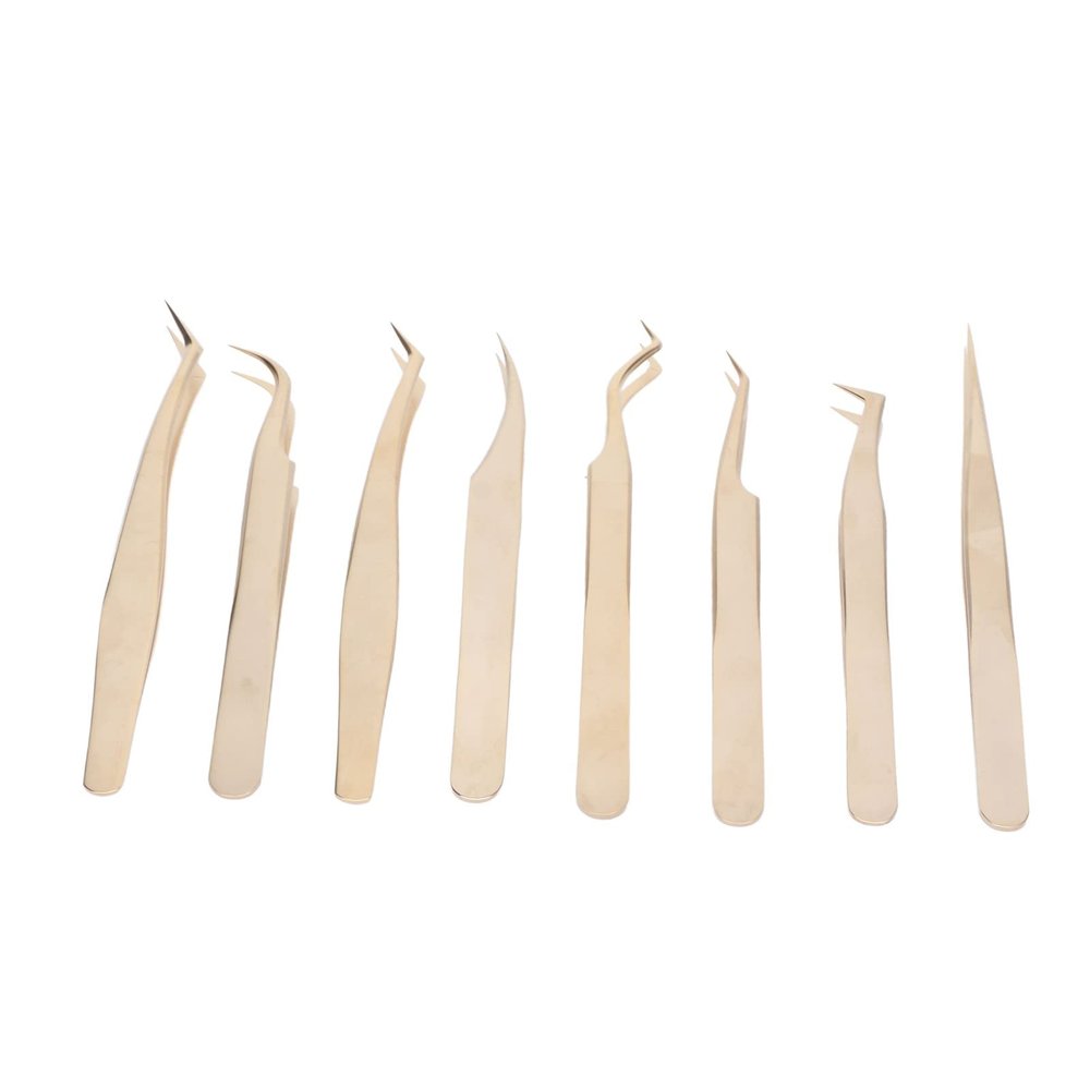 8 Piece Set Pearly Gold Stainless Steel Eyelash Extension Tweezers, Straight & Curved Tip for Precision Beauty Eyelash Tools
