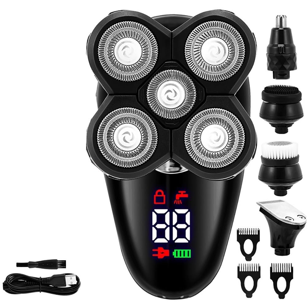 Electric Razor for Men, 5 in 1 Electric Razor for Men Bald Head Shaver LED Display Nose Hair Beard Trimmer Clippers Facial Cleansing Brush USB Rechargeable