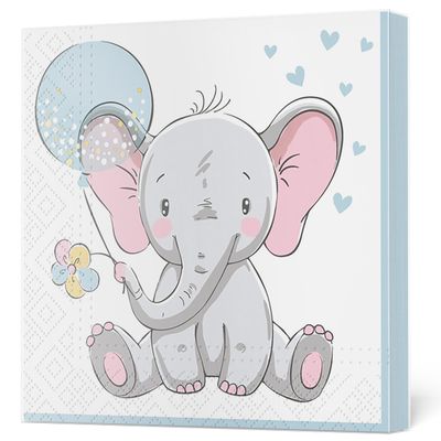 Maki 3-Ply Tissue Paper Napkins Serviettes for Decoupage Lunch 33cm x 33cm - Pack of 20 (Baby Elephant with Blue Ballon)