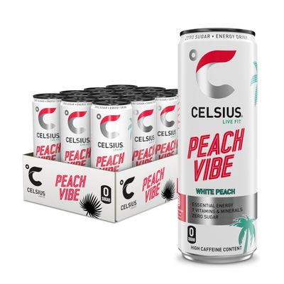CELSIUS Peach Vibe - Sparkling Natural Energy Drink, 7 Vitamins, Caffeine, No Artificial Colours, Sugar Free Energy Drinks, Peach, 355 mL, 12-Pack