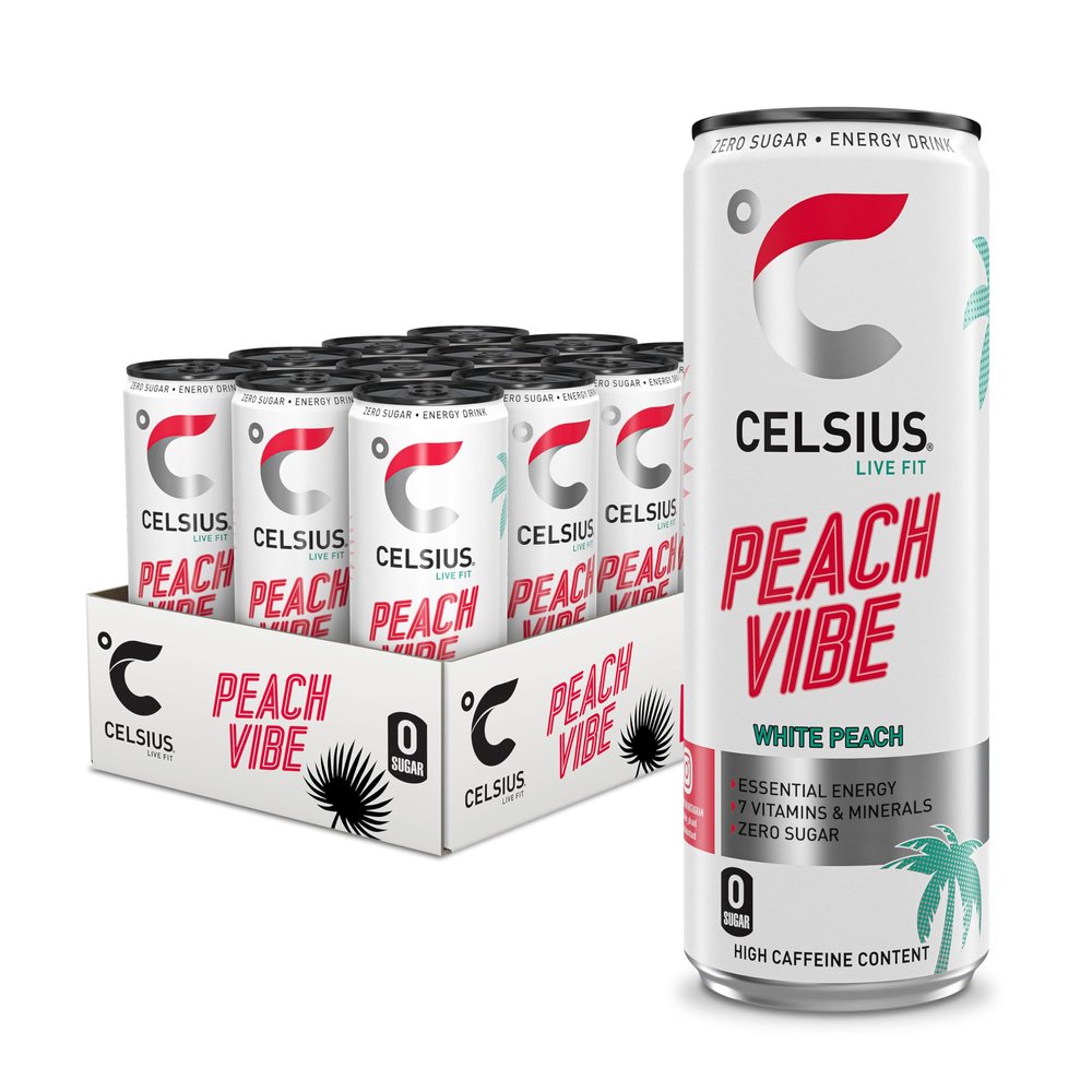 CELSIUS Peach Vibe - Sparkling Natural Energy Drink, 7 Vitamins, Caffeine, No Artificial Colours, Sugar Free Energy Drinks, Peach, 355 mL, 12-Pack