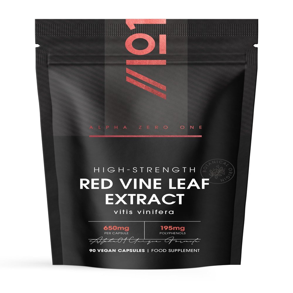 Red Vine Leaf Extract 650mg - 30% Polyphenols (195mg) Equivalent to 9,750mg Red Vine Leaf - 90 Vegan Capsules - Resealable and Recyclable Pouch by Alpha01