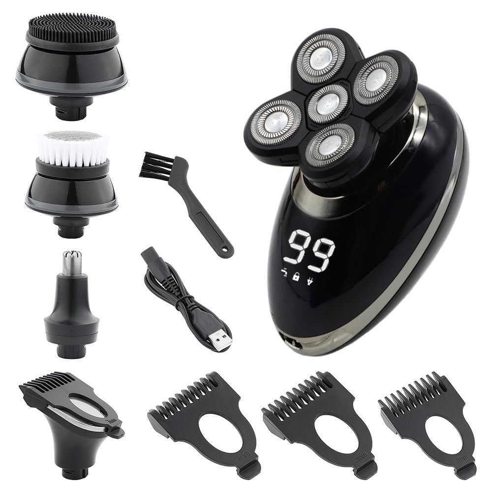 Electric Razor for Men, 5 in 1 IPX7 Men's Electric Shaver Portable Beard Trimmer Hair Clipper USB Rechargeable Waterproof LCD Bald Razor