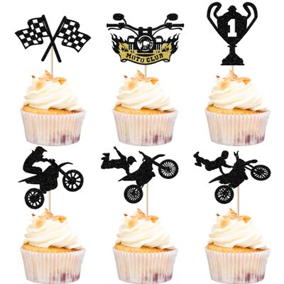 Rsstarxi 24 Pack Motorcycle Cupcake Toppers Black Glitter Trophy Racing Cupcake Picks Motocross Dirt Bike Cake Decorations for Sports Motocross Theme Man Boy Birthday Party Decorations