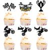 Rsstarxi 24 Pack Motorcycle Cupcake Toppers Black Glitter Trophy Racing Cupcake Picks Motocross Dirt Bike Cake Decorations for Sports Motocross Theme Man Boy Birthday Party Decorations view 1