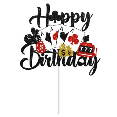 Casino Cake Topper Happy Birthday Las Vegas Cake Topper Poker Chips Cake Topper Casino Themed Party Supplies for Casino Night Party Decorations Gambling Party Decorations Vegas Birthday Decorations