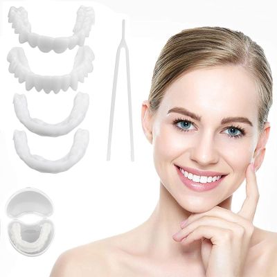 Brigtviee Clip in Veneers Teeth, 2 Pairs Instant Veneers Dentures Fake Teeth, Temporary False Teeth Veneers Top and Bottom Adjustable Snap On Dentures, Snap on Veneers for Confidence Smile