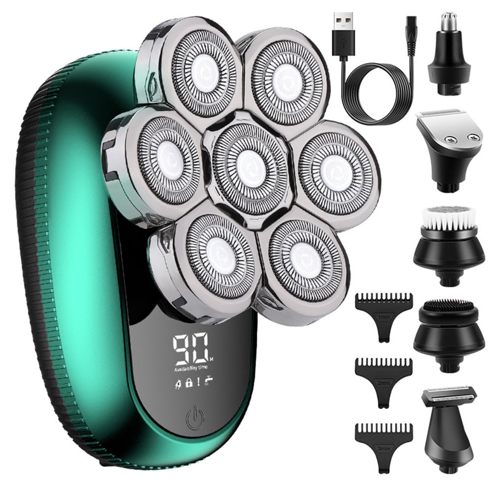 USB Wireless Charging 6 in 1 Electric Head Shaver for Bald Men 7D Floating Cutter Beard Trimmer Shaving