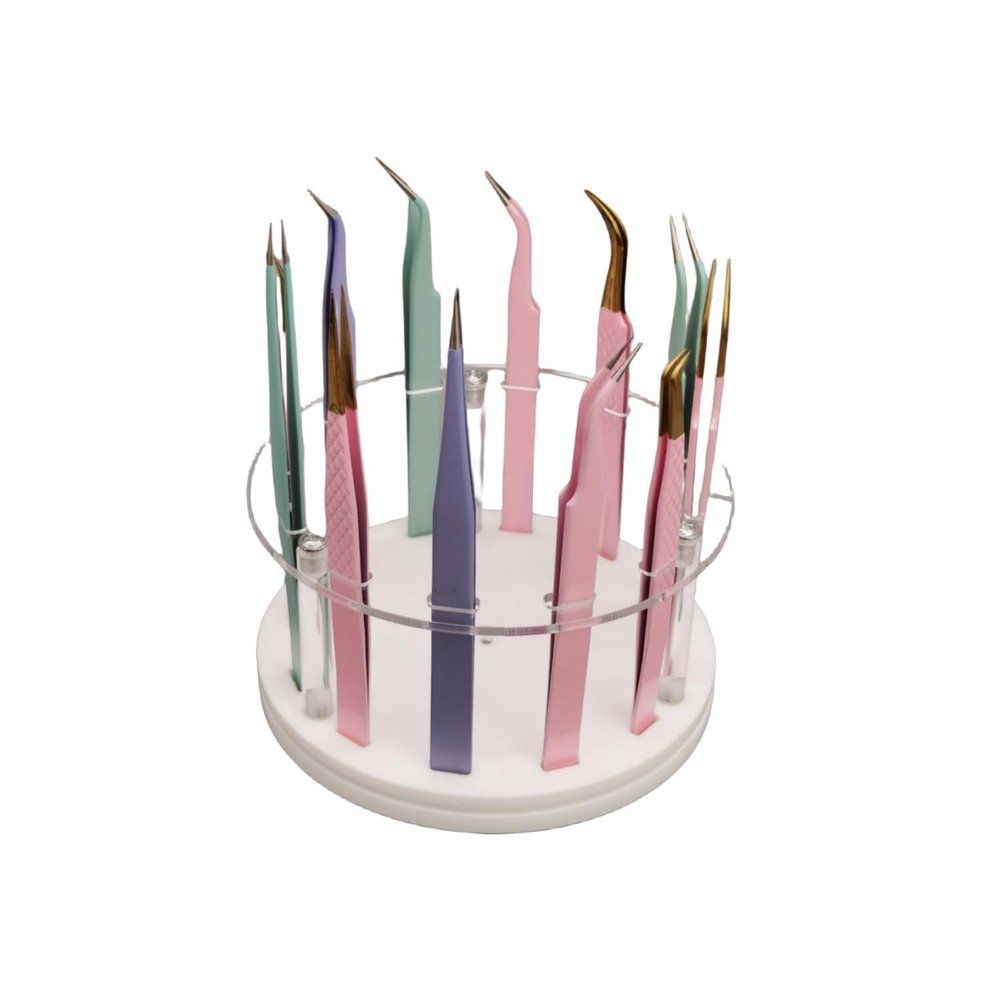12 Holes Acrylic Rotatable Tweezers Holder, Eyelash Makeup Grafting Tweezer Display Stand Extensions Organizer Training Rack Beauty Tools (White)