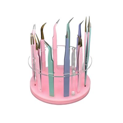 12 Holes Acrylic Rotatable Tweezers Holder, Eyelash Makeup Grafting Tweezer Display Stand Extensions Organizer Training Rack Beauty Tools (Pink)