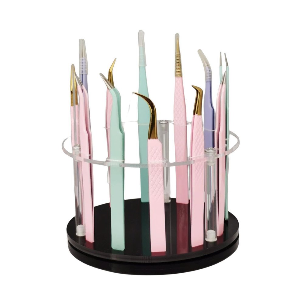 12 Holes Acrylic Rotatable Tweezers Holder, Eyelash Makeup Grafting Tweezer Display Stand Extensions Organizer Training Rack Beauty Tools (Black)