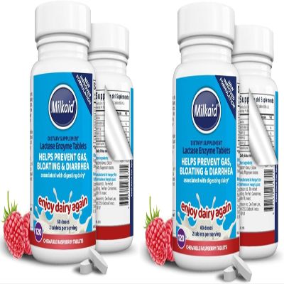 2 x 120 Milkaid Tablets - Milkaid Lactase Enzyme Chewable Tablets for Lactose Intolerance Relief | Prevents Gas, Bloating & Diarrhoea | Fast Acting Dairy Digestive Supplement (2 Pack of 120s)
