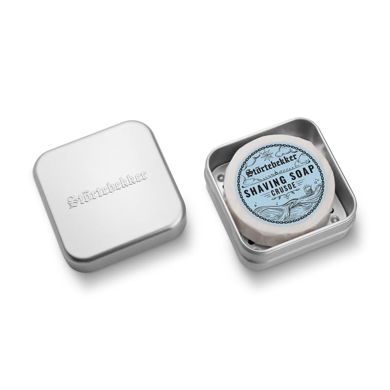 Strtebekker Premium Shaving Soap & Soap Box Set - Aluminium Soap Box Set Including Shaving Soap in Various Variations - Vegan Shaving Soap Handmade in Soap Factory (Crusoe)