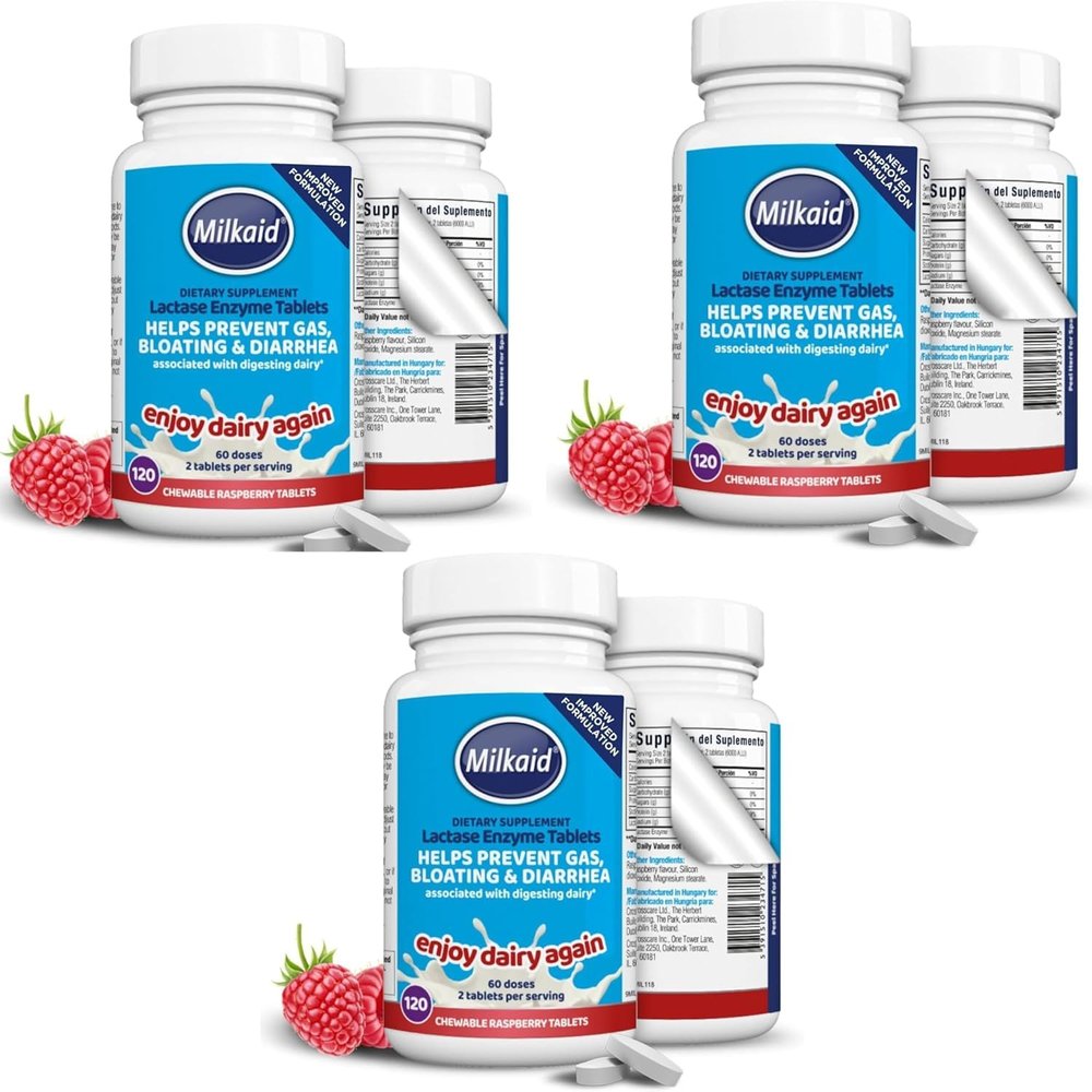 3 x 120 Milkaid Tablets - Milkaid Lactase Enzyme Chewable Tablets for Lactose Intolerance Relief | Prevents Gas, Bloating & Diarrhoea | Fast Acting Dairy Digestive Supplement (3 Pack of 120s)