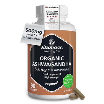 Ashwagandha High Strength - KSM-66 - Min. 5000mg Pure Ashwagandha from 500mg Extract (10-15:1), 5% Withanolide, 90 Vegan Capsules for 3 Months with Ashwagandha Root Extract, Highly Bioavailable