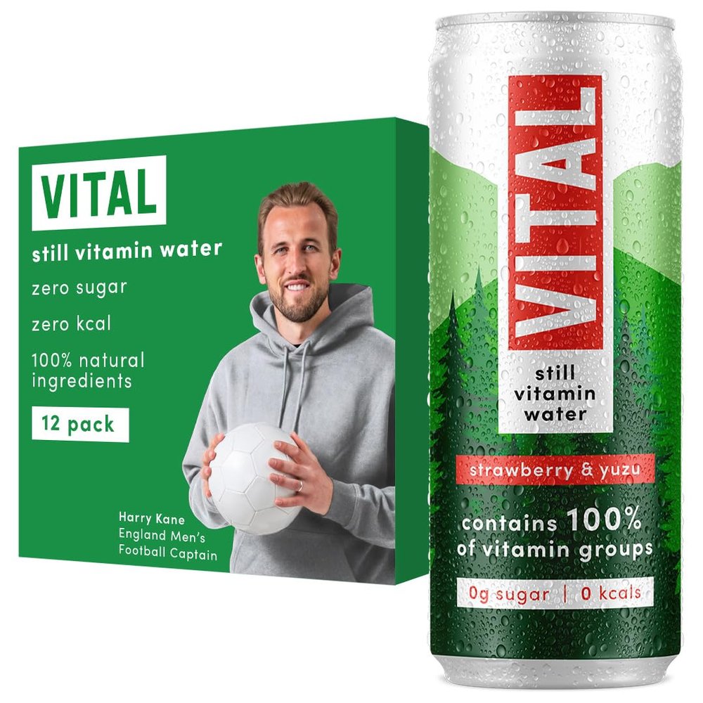 VITAL Still Vitamin Water, Contains All 13 Vitamin Groups, Sugar-free, Zero Calories, 100% Vitamin Water (12 X 330ml Can) (12 Cans Pack, Strawberry & Yuzu)