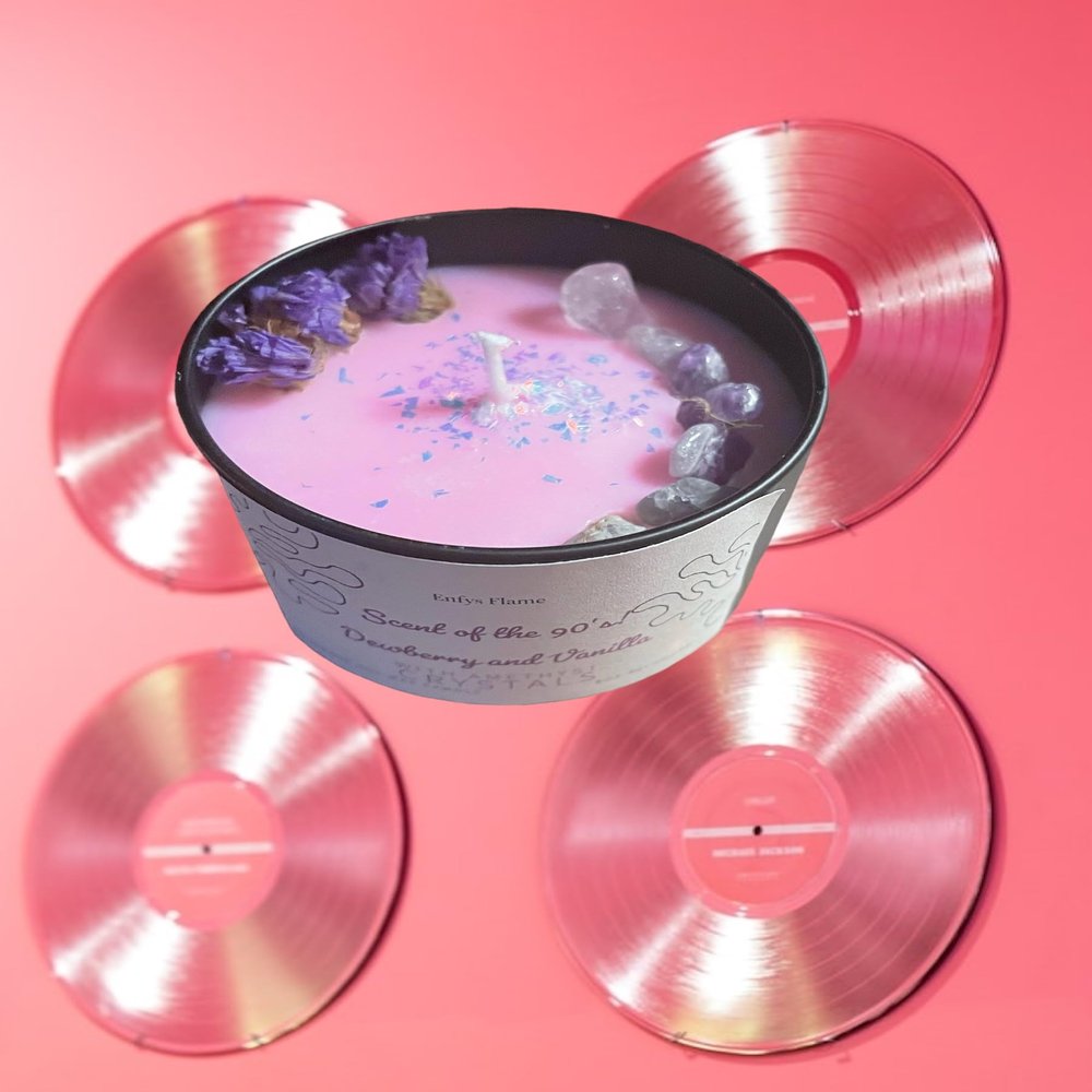 FreshCart Basics Smell of The 90s Candle, Dewberry and Vanilla Soy Candle, Amethyst Crystals, 90s Nostalgic Scent, Botanical with Forget-Me-Nots, Handmade (4oz)