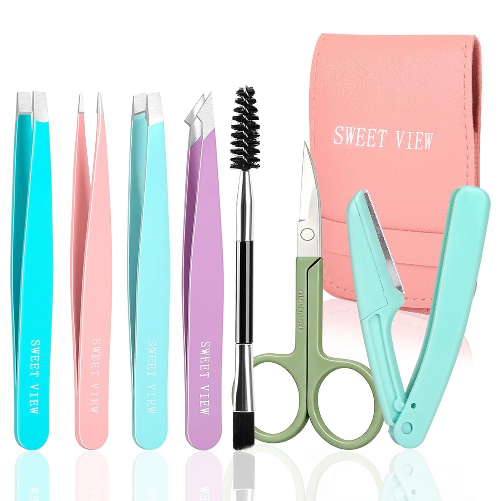 SWEET VIEW 7pcs Eyebrow Tweezers Kit for Women Precision Plucker with Brow Scissors & Razor & Spoolie for Facial, Chin, Brow, Splinter and Ingrown Hair
