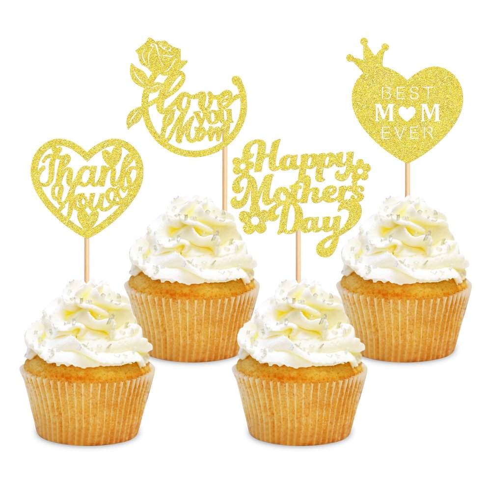 Cyodoos 24 Pcs Happy Mothers Day Cupcake Toppers Glitter Cake Toppers Cupcake Heart Mother Happy Birthday Party Supplies Decorations Golden