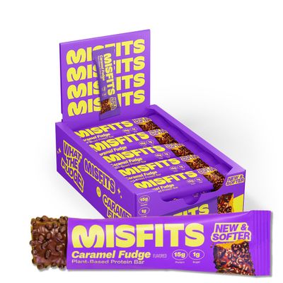 Misfits Vegan Protein Bars - Caramel Fudge | Sports Nutrition Bars - 15 grams Protein | 1 gram Sugar | Plant-Based, Low Carb, High Fibre | No Palm Oil | Non-GMO | Pack of 15