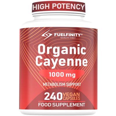 High Strength: Organic Cayenne Pepper Capsules - 1000mg Capsicum - 240 Capsules - Fat Management aid Loss - Cayenne Pepper Supplement - Vegan - FuelFinity Superlative Quality (1 Pack)