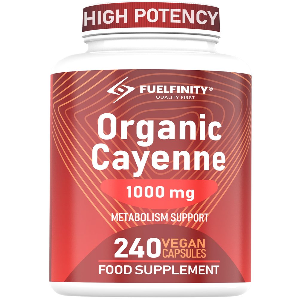 High Strength: Organic Cayenne Pepper Capsules - 1000mg Capsicum - 240 Capsules - Fat Management aid Loss - Cayenne Pepper Supplement - Vegan - FuelFinity Superlative Quality (1 Pack)