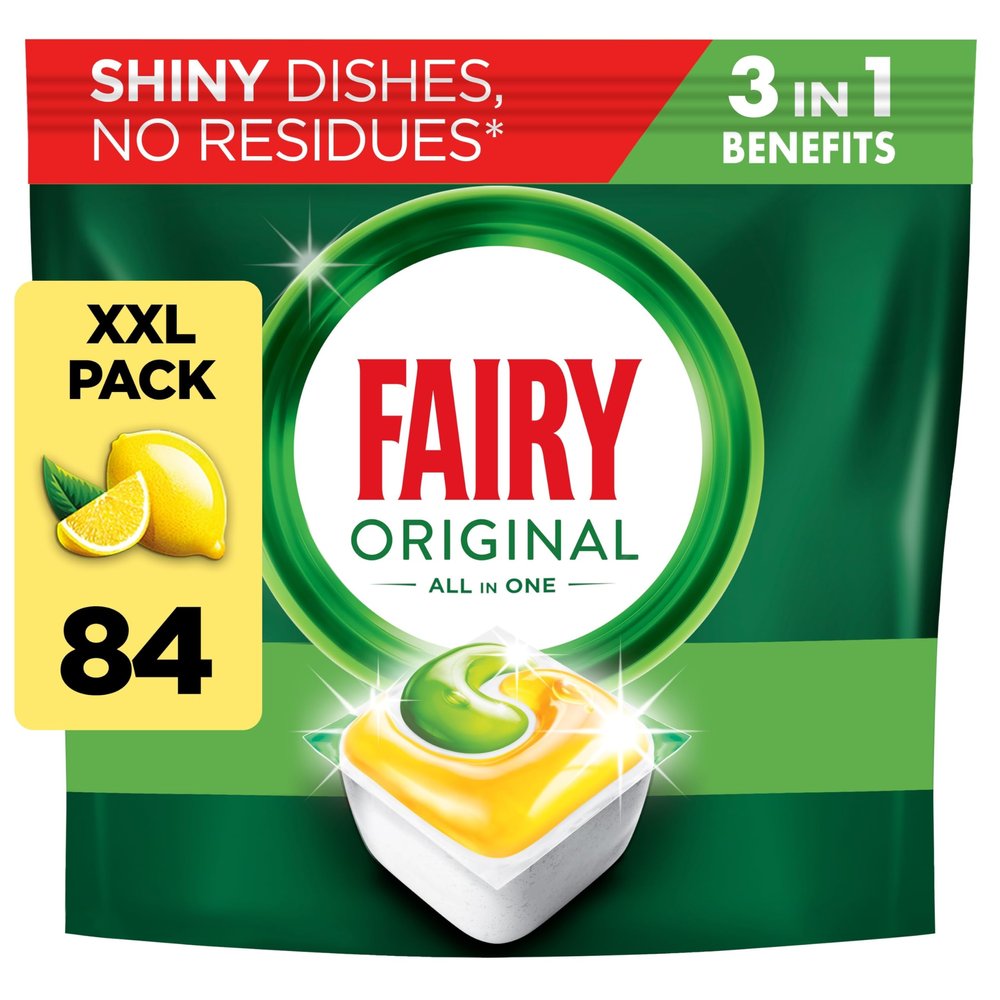 Fairy All-In-1 Dishwasher Tablets Bulk, Fairy Dishwasher Tablets, 84 Tablets, Lemon, Effective Even On Dried-On Grease, Dishwasher Tabs