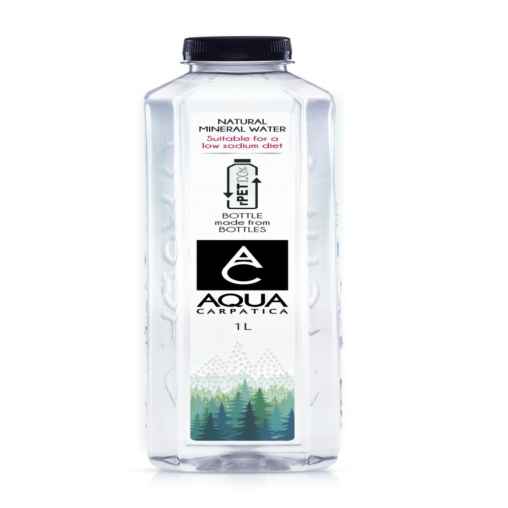 AQUA Carpatica 1L x 6 rPET - Pure Natural Still Mineral Water - 6-Pack Bottled Water, Virtually Nitrate Free, Low Sodium, Naturally Alkaline, Natural Electrolytes, Premium Multipack 100% Recyclable