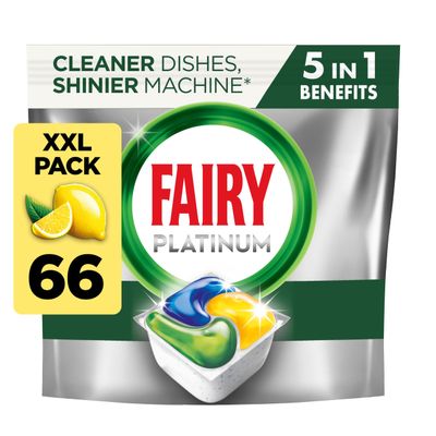 Fairy Platinum Plus All-In-1 DishwasherTablets, Bulk Pack - 66 Pods, Lemon, Greasy Filter & Rinse Aid Action