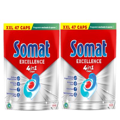 Somat Excellence 4-in-1 Caps, 94 Caps (2 x 47 Caps), Quick Resolution Dishwasher Tablets, Somat Caps for Excellent Cleaning and Shine Even in the Eco Program and at Low Temperatures