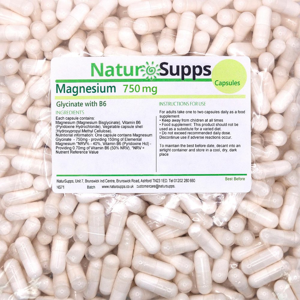 Magnesium Glycinate Supplement with Vitamin B6, 365 750mg Vegan Vegetarian Capsules, 1500mg 2 Capsule Serving - 300mg Magnesium, for Sleep, Reduction of Tiredness and Fatigue, UK Made by Natur Supps